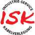 Rotes „ISK“-Logo mit den schwarzen Wörtern „INDUSTRIE-SERVICE“ oben und „KABELVERLEGUNG“ unten.