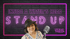Woman in a hat smiles next to a vintage microphone, with neon text "INSIDE A WRITER'S HEAD STAND UP".