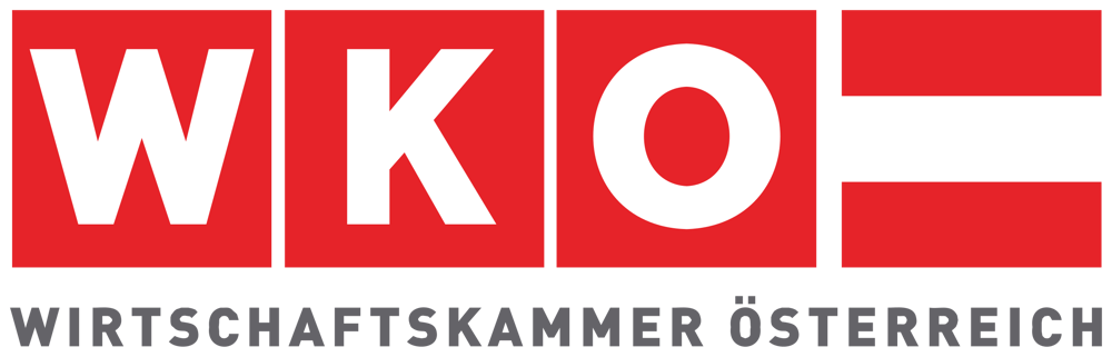 Logo der Wirtschaftskammer Österreich mit roten Quadraten, weißen Buchstaben WKO und der österreichischen Flagge.