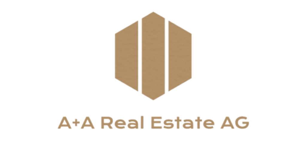 Logo von A+A Real Estate AG mit braunem, sechseckigem Symbol auf dunkelgrünem Hintergrund.