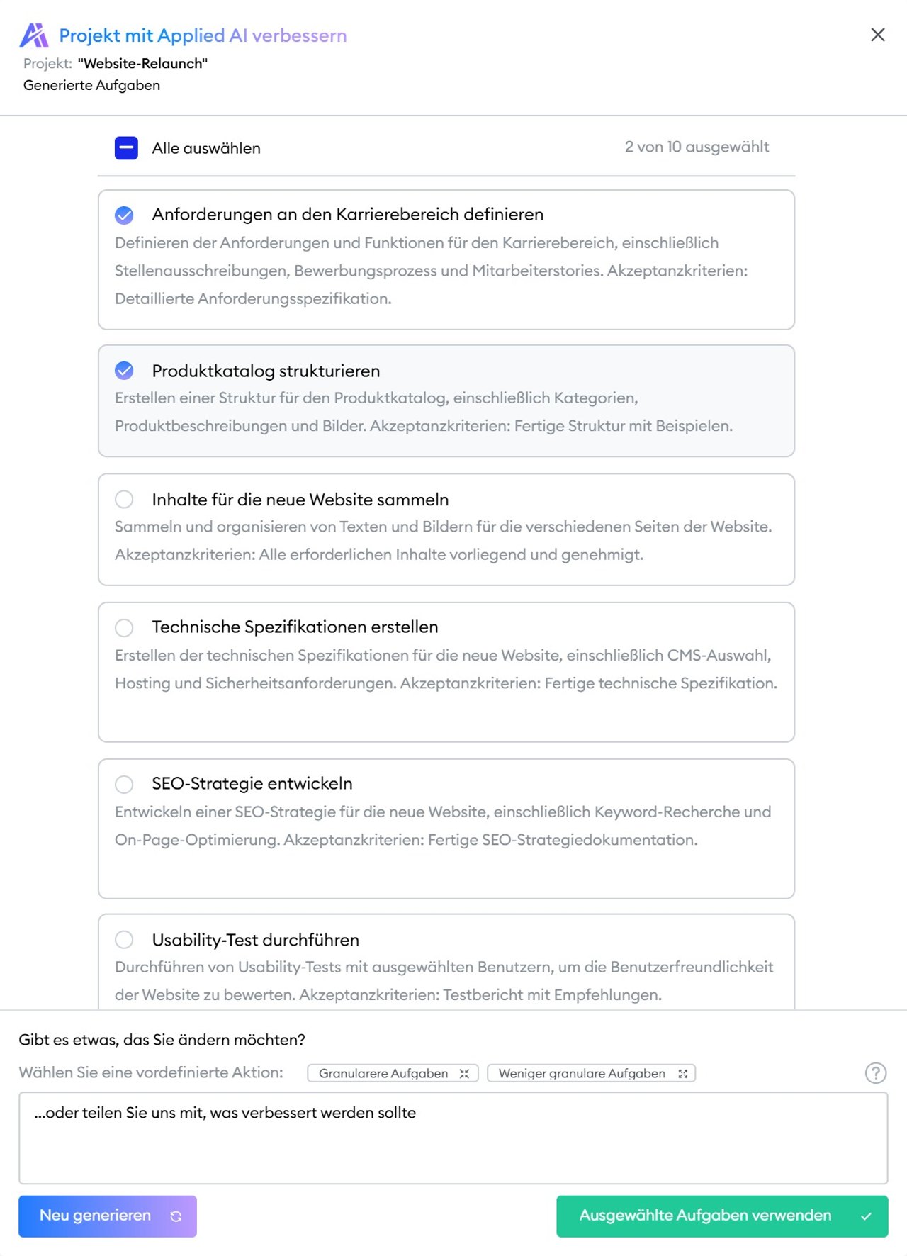 KI-Aufgabenvorschläge in der Anwendung