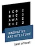 Schwarz-blaues Logo mit Text „ICONIC AWARDS 2023 INNOVATIVE ARCHITECTURE best of best“.