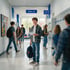 A teenage boy holds a paper in a school hallway with lockers.