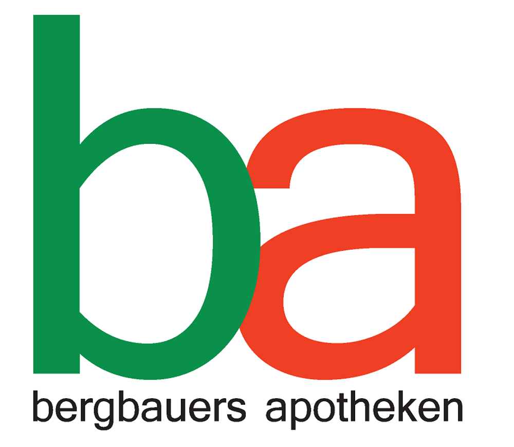 Logo "ba bergbauers apotheken" mit "b" in Grün und "a" in Rot.