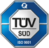 Blaues und silbernes TÜV SÜD ISO 9001-Zertifizierungslogo.