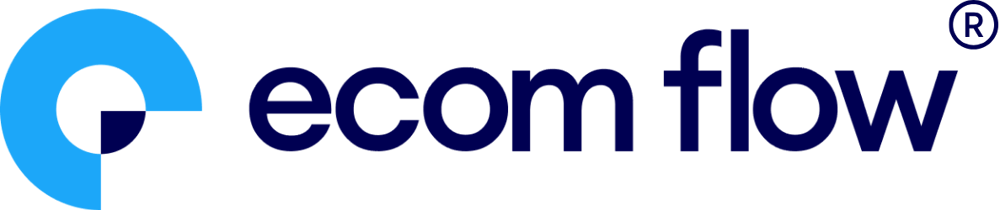 Logo "ecom flow" mit einem blauen C-förmigen Symbol, das einen dunkelblauen Kreis umschließt.