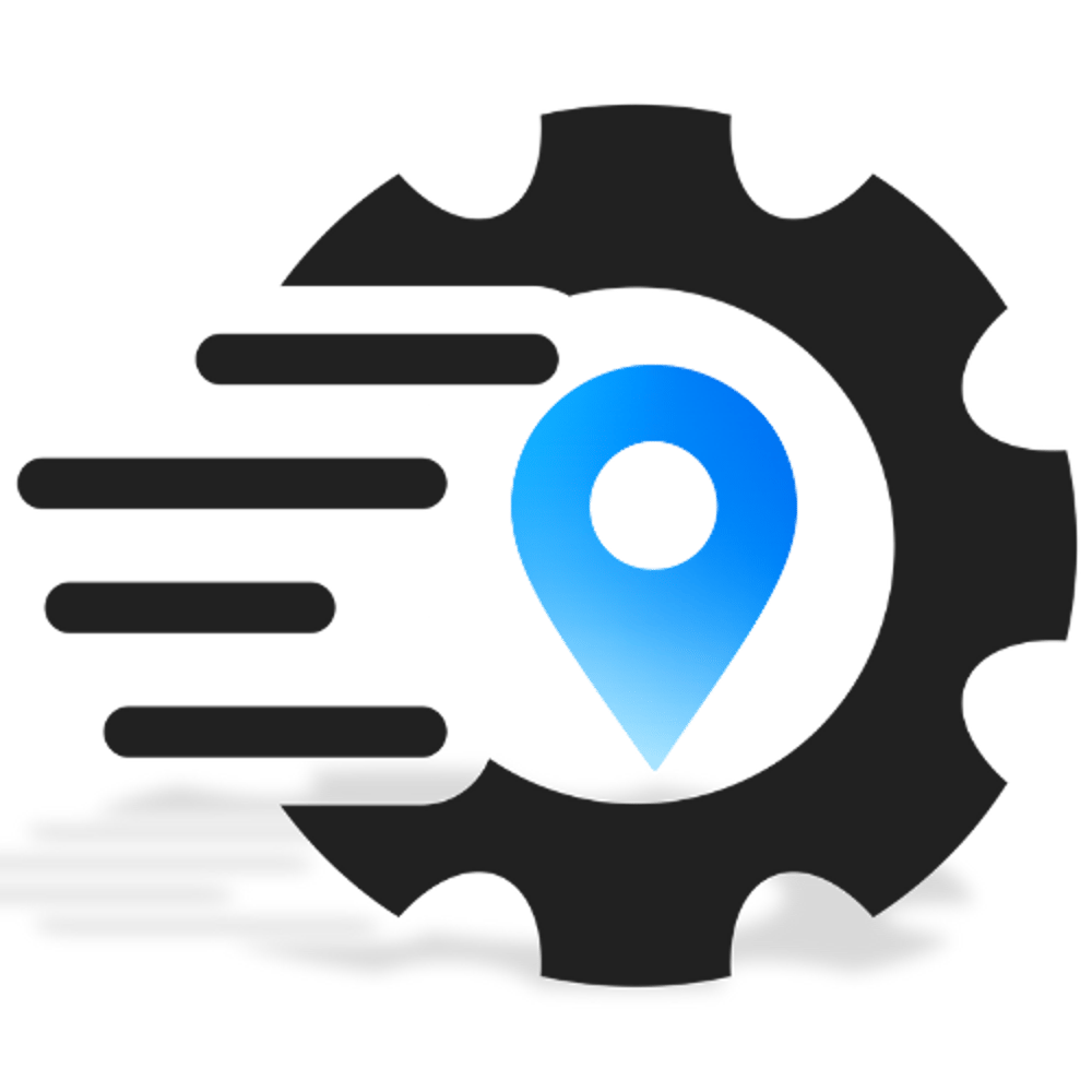 Blaues Standortsymbol auf weißem Zahnrad mit Geschwindigkeitslinien.