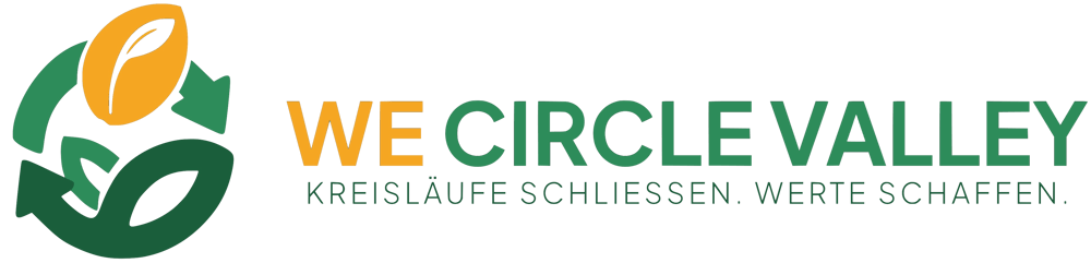 Logo: WE CIRCLE VALLEY, Kreisläufe schließen. Werte schaffen. Grünes Recyclingsymbol mit gelbem Blatt.
