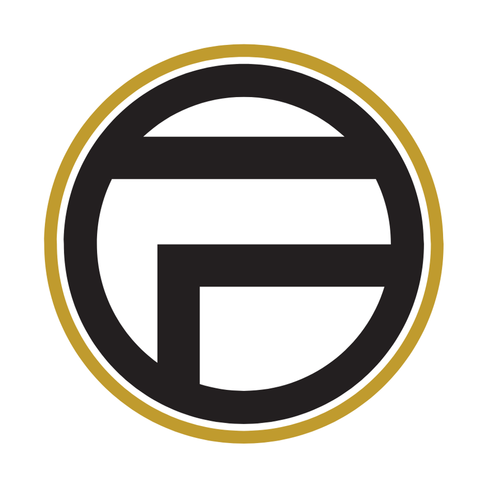 Schwarzes und weißes "P"-Logo in einem gold-schwarzen Kreis.