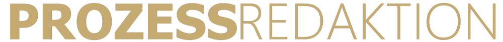 PROZESSREDAKTION Text in goldener Schrift auf dunkelgrünem Hintergrund.