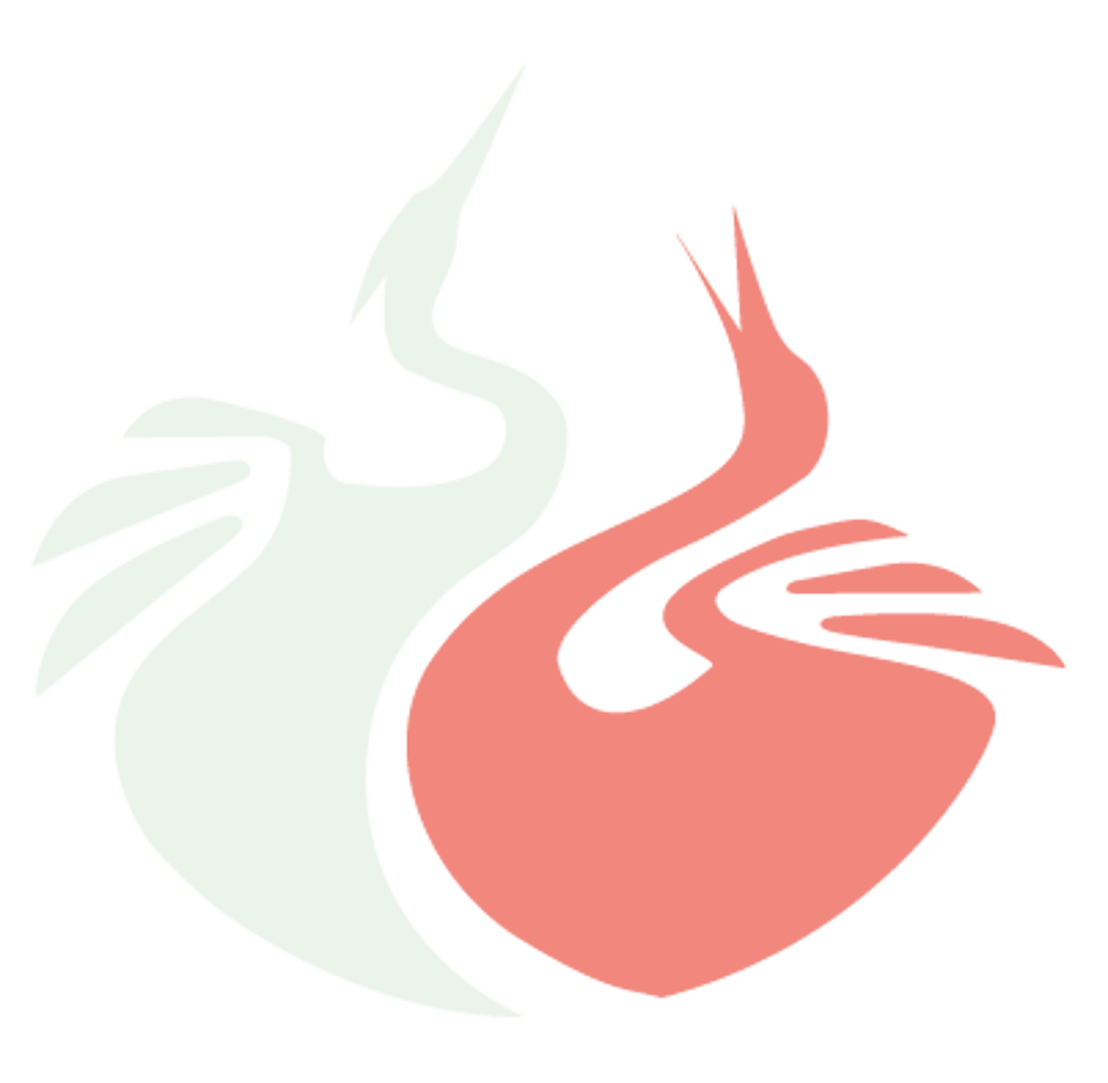 Zwei stilisierte Kraniche, einer weiß und einer korallenrot, auf grünem Hintergrund.