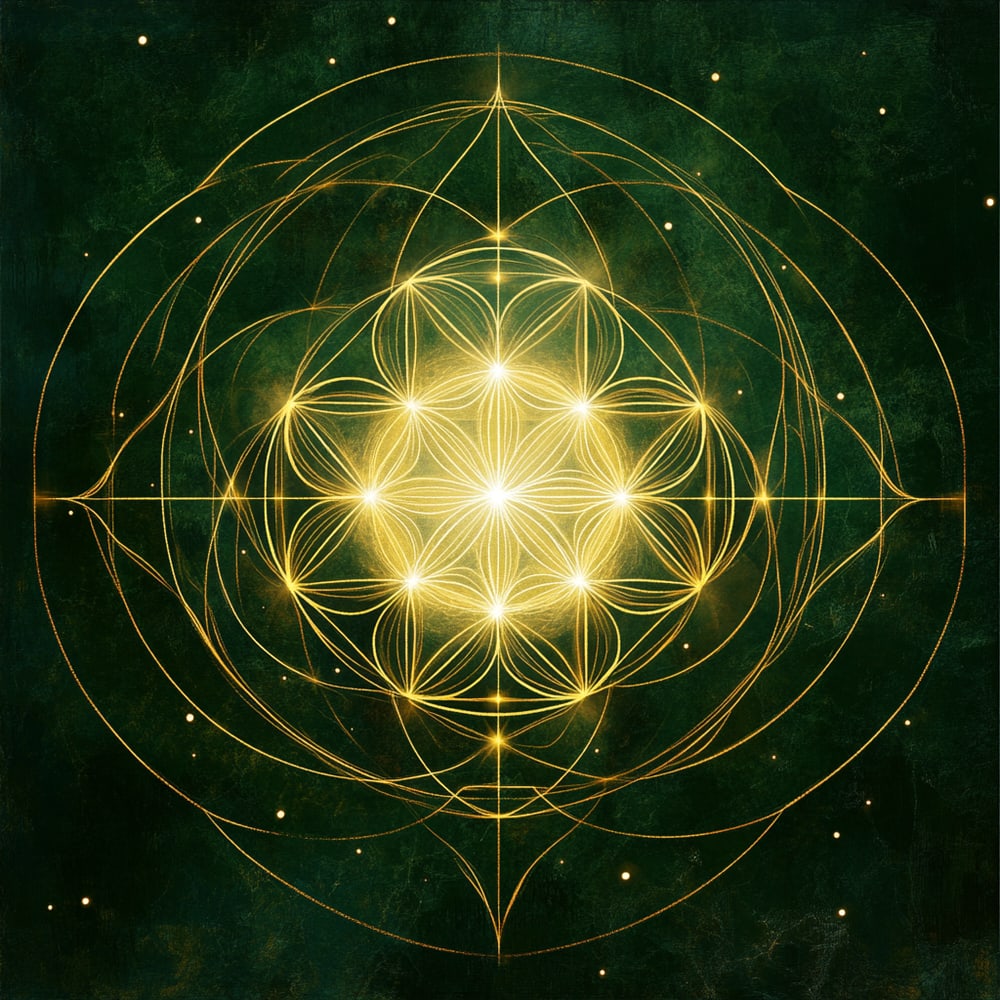 Leuchtende goldene geometrische Muster und Kreise auf einem dunkelgrünen, strukturierten Hintergrund.
