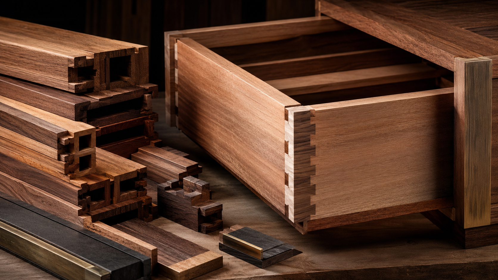 Mood cinematográfico de madera estructural y construcción de cajones