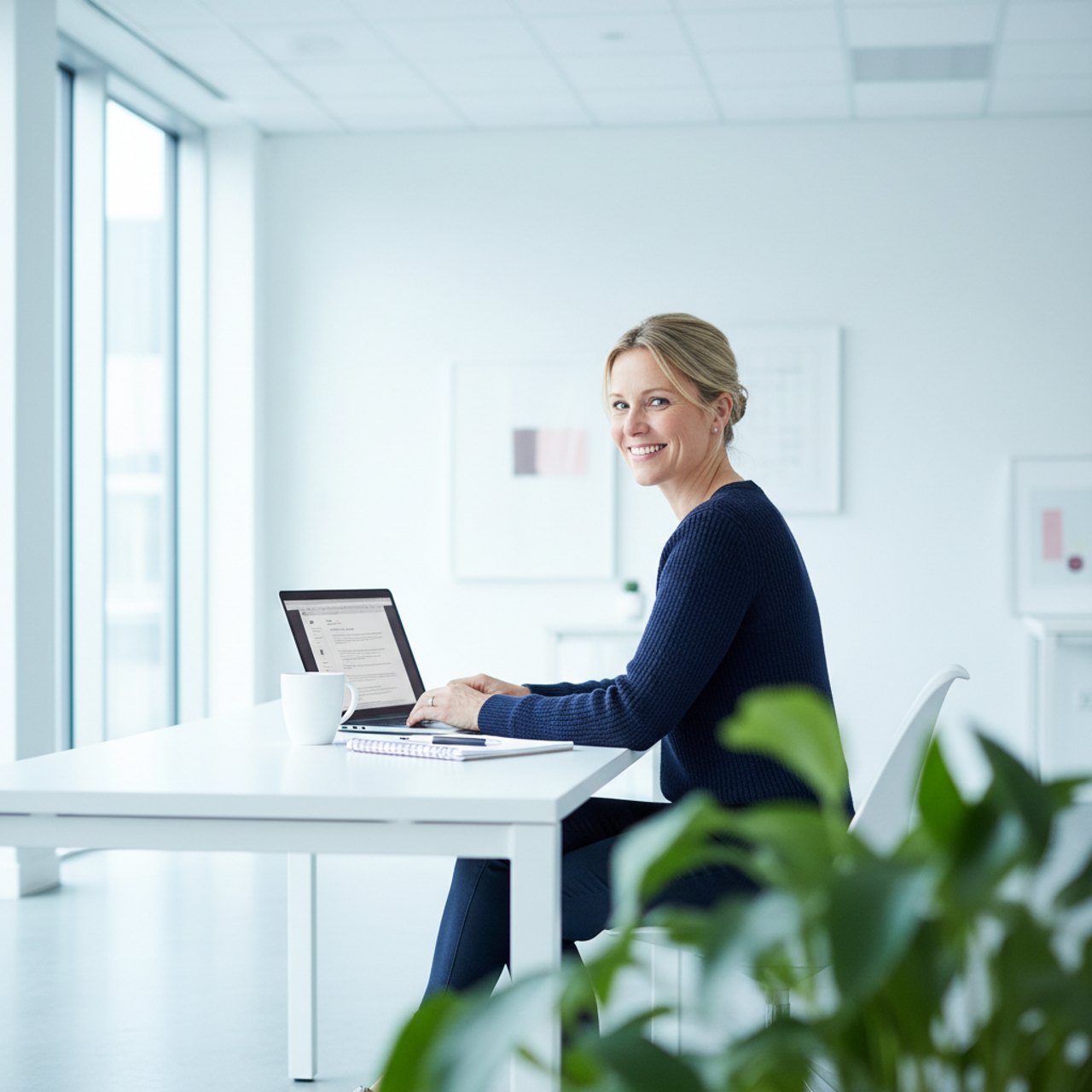Mitarbeiterin arbeitet an einem Laptop in einem hellen Büro