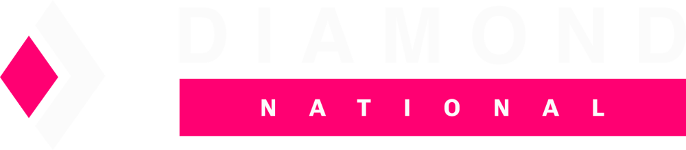 Diamond National logo with a hot pink diamond shape inside a white arrow pointing right.