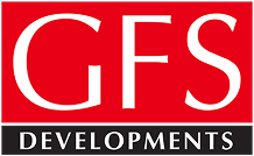 GFS Developments Logo, weißer Text auf rotem und schwarzem Hintergrund.