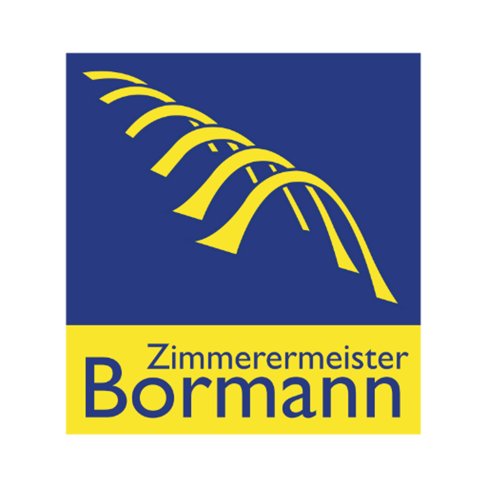 Logo Zimmermeister Bormann, gelbe Schrift auf blauem Grund, darüber gelbe geschwungene Linien.