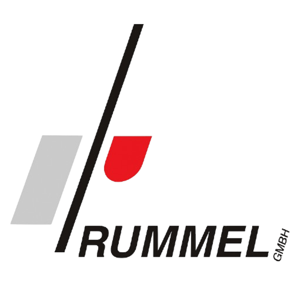Rummel GmbH Logo: Schwarz-grau-rotes Logo mit diagonalem Strich und dem Schriftzug "RUMMEL GmbH".