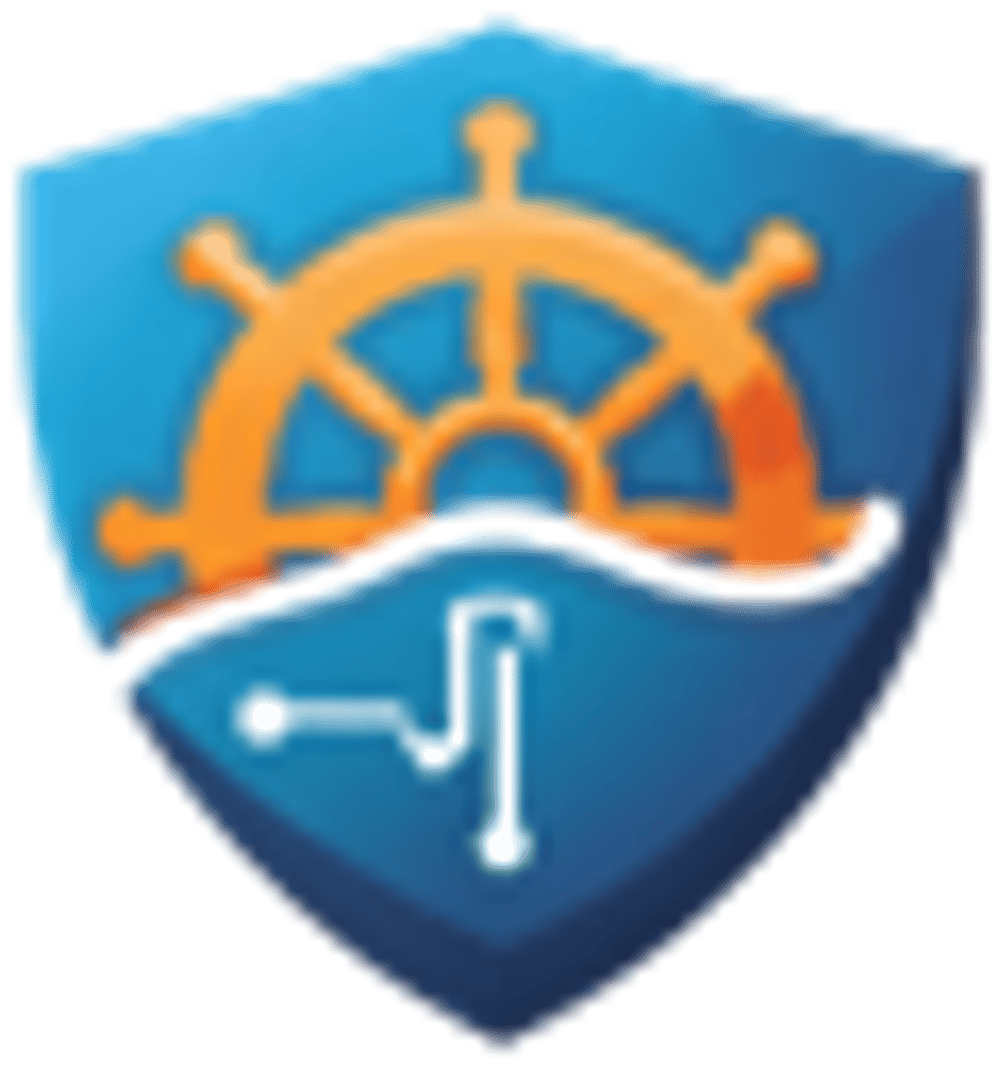 Blue shield containing an orange ship's wheel above a black wave and a white circuit board icon.