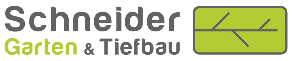Schneider Garten & Tiefbau Logo mit stilisiertem Blatt in einem grünen Rechteck.