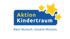 Logo Aktion Kindertraum: Blauer Kasten, gelbe Schrift "Aktion Kindertraum", drei gelbe Sterne, Slogan "Dein Wunsch. Unsere Mission."