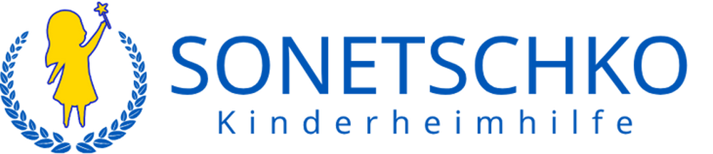 SONETSCHKO Kinderheimhilfe Logo mit gelbem Mädchen, das einen Stern und einen blauen Kranz hält.