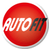 Rotes kreisförmiges Logo mit weißem Text "AUTO" und schwarzem Text "FIT".