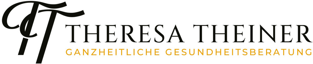Theresa Theiner Ganzheitliche Gesundheitsberatung Logo mit stilisiertem "T" und goldenem Text auf dunkelgrünem Hintergrund.