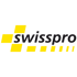 Swisspro Logo mit gelben Quadraten, die ein Pluszeichen bilden, und einer gepunkteten Linie auf schwarzem Hintergrund.