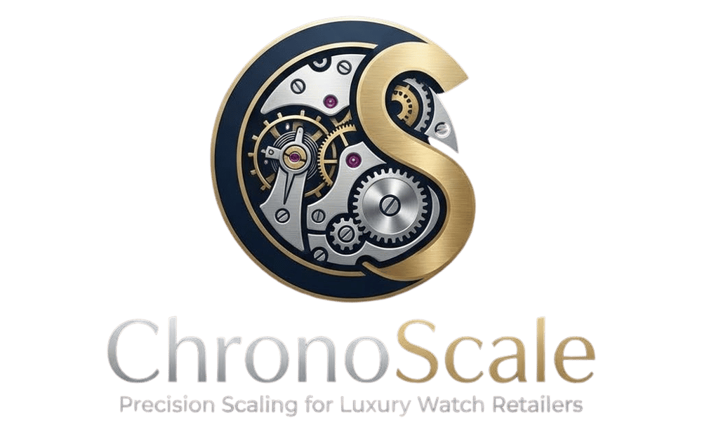ChronoScale-Logo mit goldener S-Form, die über einem Uhrenwerk-Zahnradmotiv liegt.