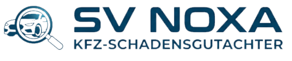 SV NOXA KFZ-SCHADENSGUTACHTER Logo: Lupe über einem Auto, darüber SV NOXA, darunter KFZ-SCHADENSGUTACHTER.