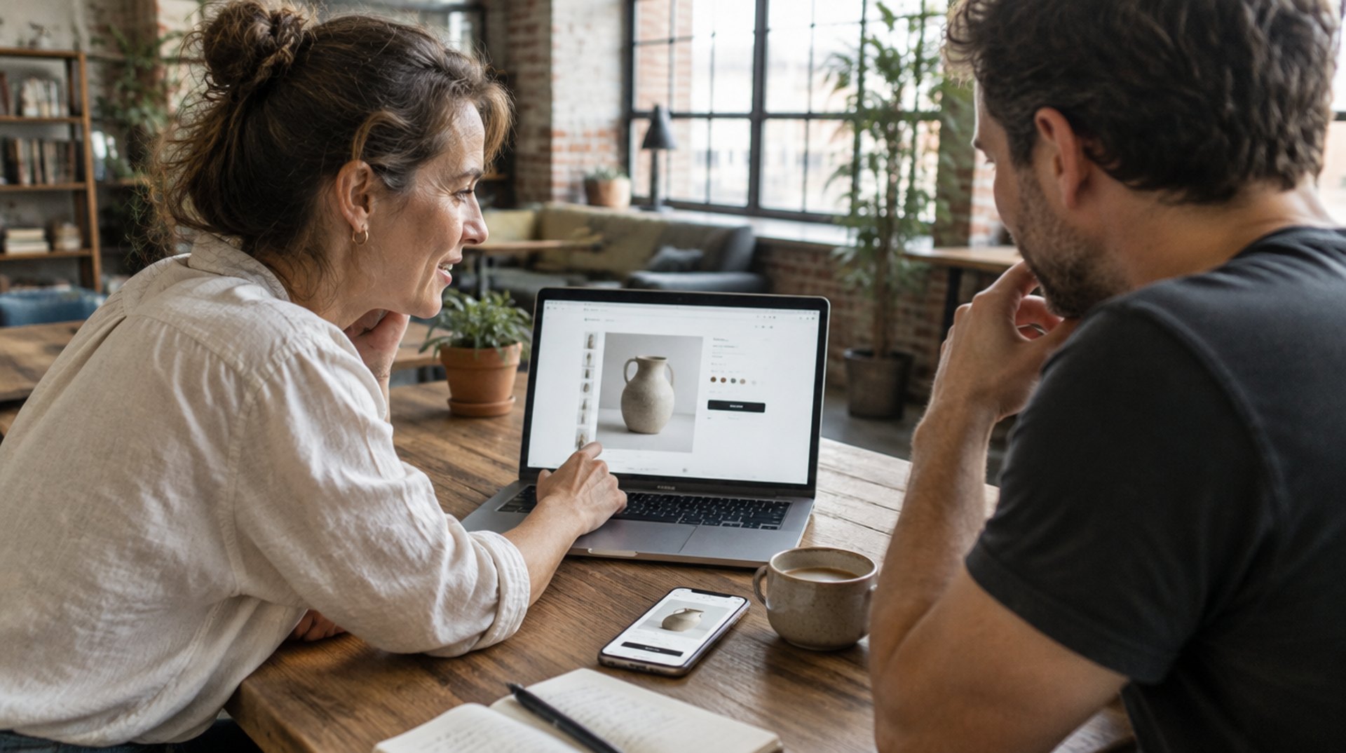 Shop-Inhaberin und Shopify Freelancer sitzen in einem Berliner Loft vor einem Laptop mit einer Produktseite und einem Smartphone mit der mobilen Ansicht