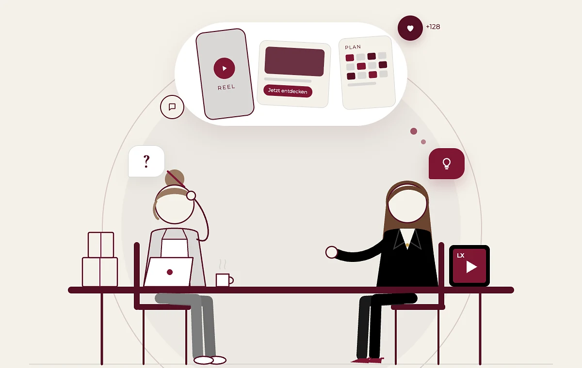 Illustration: Eine Shop-Inhaberin mit Fragezeichen sitzt Alexandra gegenüber, die mit Ideen für Reels, Anzeigen und Posting-Plan antwortet