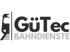 GüTec BAHNDIENSTE Logo mit stilisierter Zugfront und Schienen auf dunkelgrünem Hintergrund.