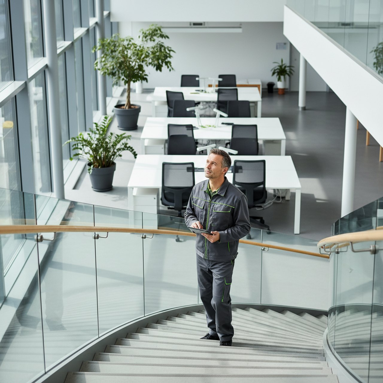 Mitarbeiter der AL-Reinigung GmbH bei der Kontrolle eines Gewerbegebäudes in Heidelberg