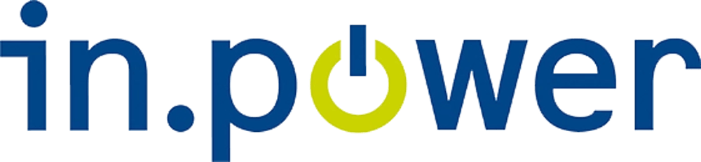 Das In.Power-Logo in Blau mit dem "o" als gelbem Ein-/Ausschalt-Symbol auf dunkelgrünem Hintergrund.