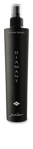 Schwarze Sprühflasche Miée Gloss Spray Diamant mit weißer Schrift vor schwarzem Hintergrund.