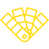 Yellow outline icon of a fan-shaped color swatch palette with a small circle at the pivot.
