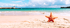 Oranger Seestern im Sand am Strand mit blauem Meer und Leuchtturm im Hintergrund.