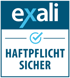 Blaues Logo mit Text "exali" und "HAFTPLICHT SICHER" mit einem Häkchen in einem Kreis.