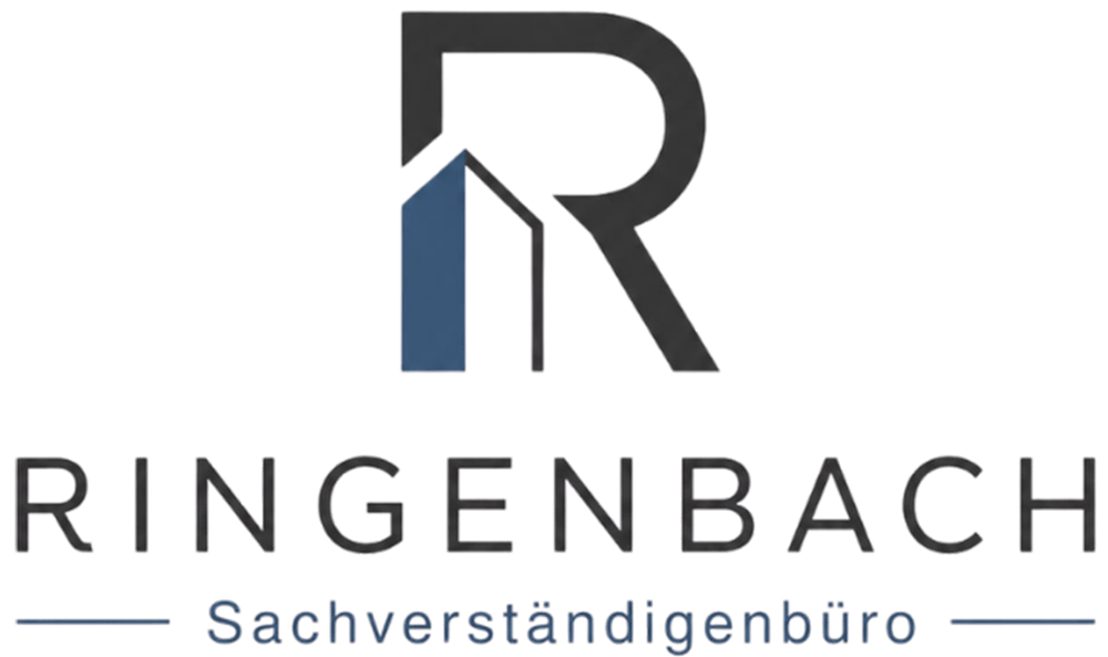 Logo von Ringenbach Sachverständigenbüro mit einem stilisierten Buchstaben R und einem blauen Gebäudesymbol auf Schwarz.