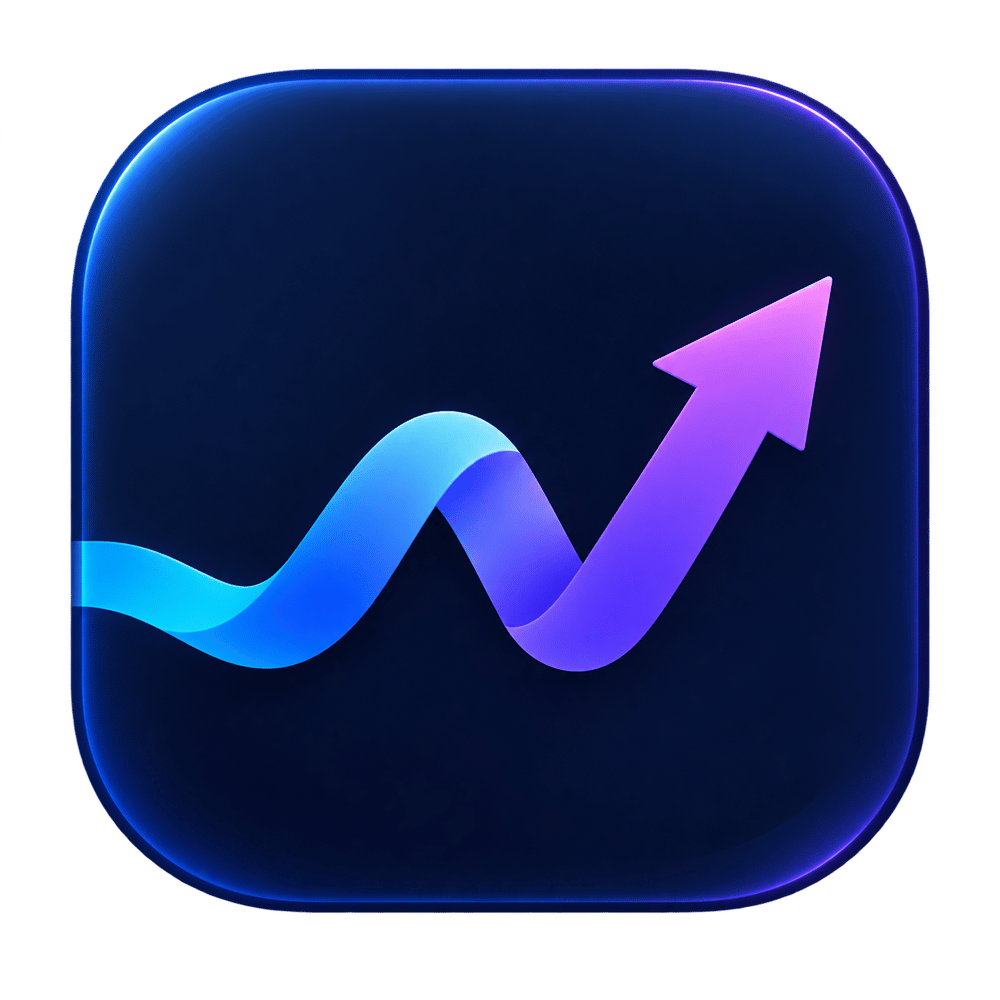 Ein blaues App-Icon mit einer geschwungenen Wellenform, die in einen nach oben gerichteten Pfeil übergeht.