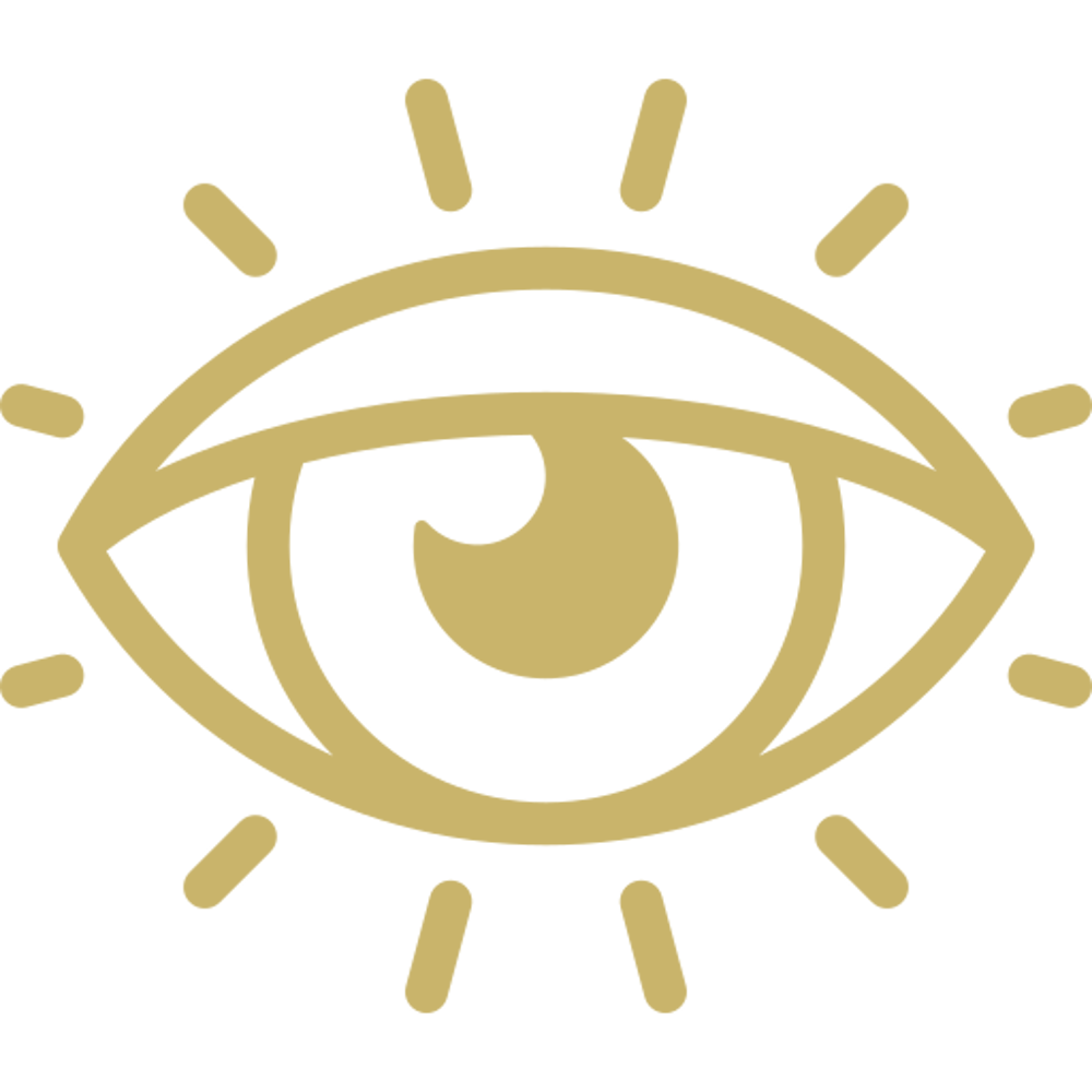 Goldenes Augen-Symbol auf dunkelgrünem Hintergrund, umgeben von strahlenförmigen Linien.