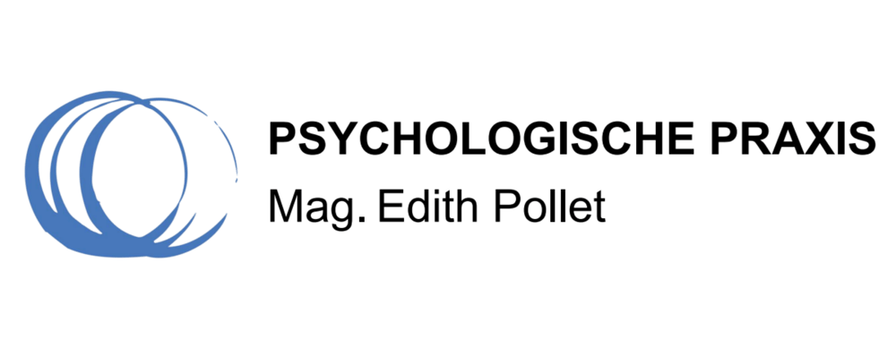 Blaues Spiral-Logo und Text "PSYCHOLOGISCHE PRAXIS Mag. Edith Pollet"