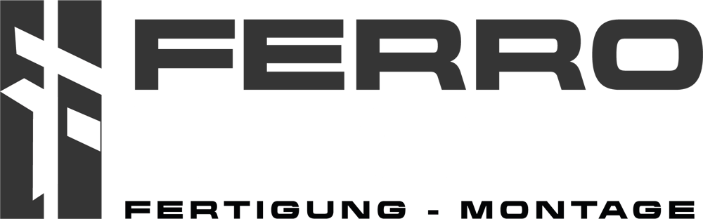 Ferro Tec Logo mit stilisiertem Buchstaben F und dem Text Fertigung und Montage auf schwarzem Hintergrund.