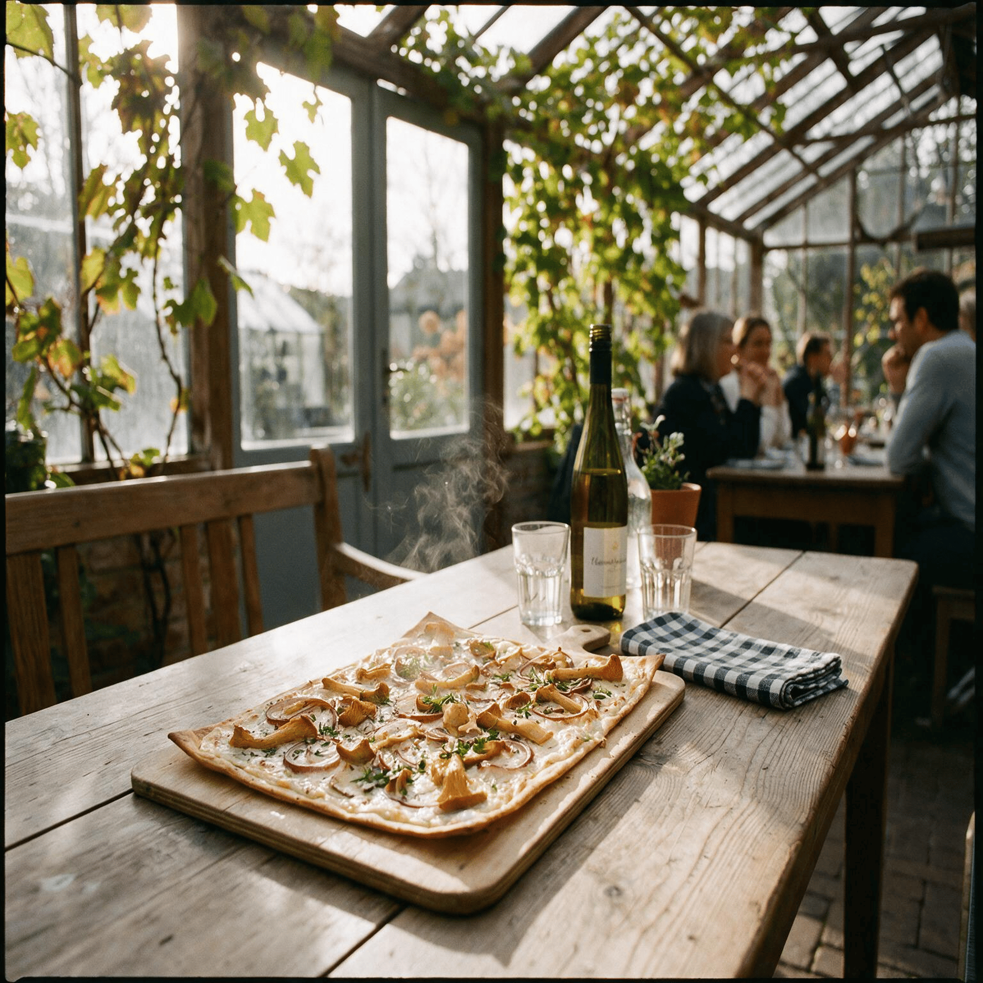 Dampfender Flammkuchen mit Pfifferlingen