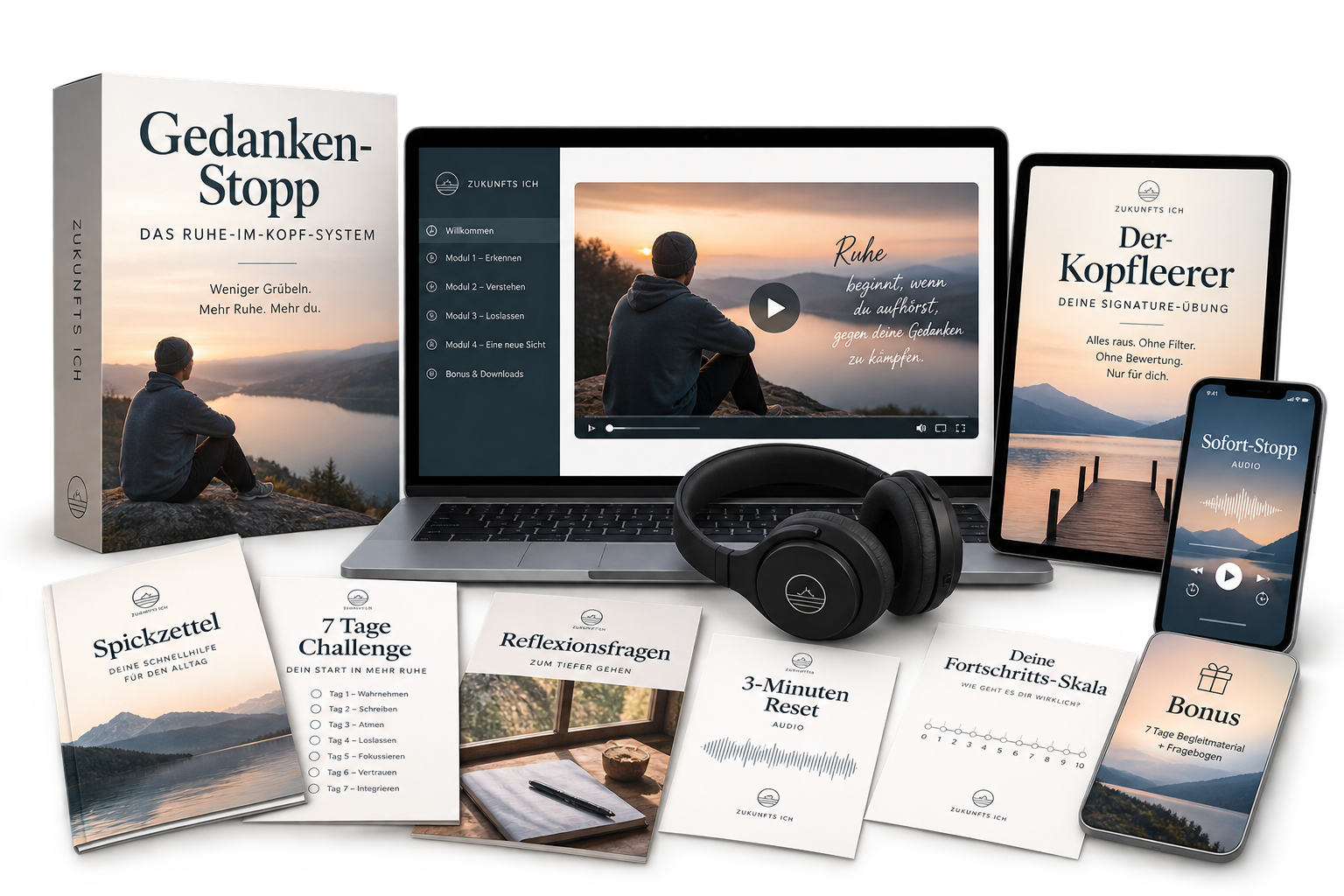 Gedanken-Stopp: Videokurs, Workbook, Audios und Bonusmaterialien auf verschiedenen Geräten