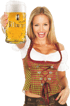 Lächelnde Frau in Tracht hält ein Krug Bitburger Bier hoch.