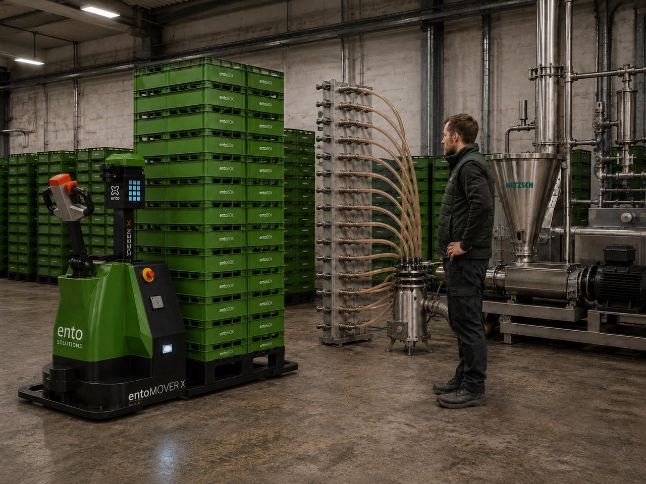 Modulare entoFARM mit entoPALLETS, entoMOVER, Fütterstation und landwirtschaftlichem Betreiber.