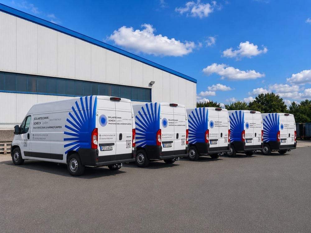 Firmenfahrzeuge von Solartechnik Scheck vor dem Betriebsgebäude